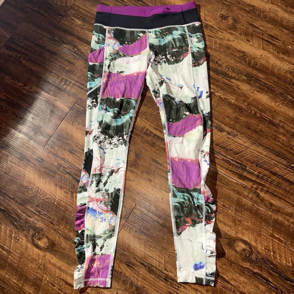 Lululemon Side Ruched Multicolor Swirl Marble Print Full Length Leggings Size 8 - Picture 2 of 10